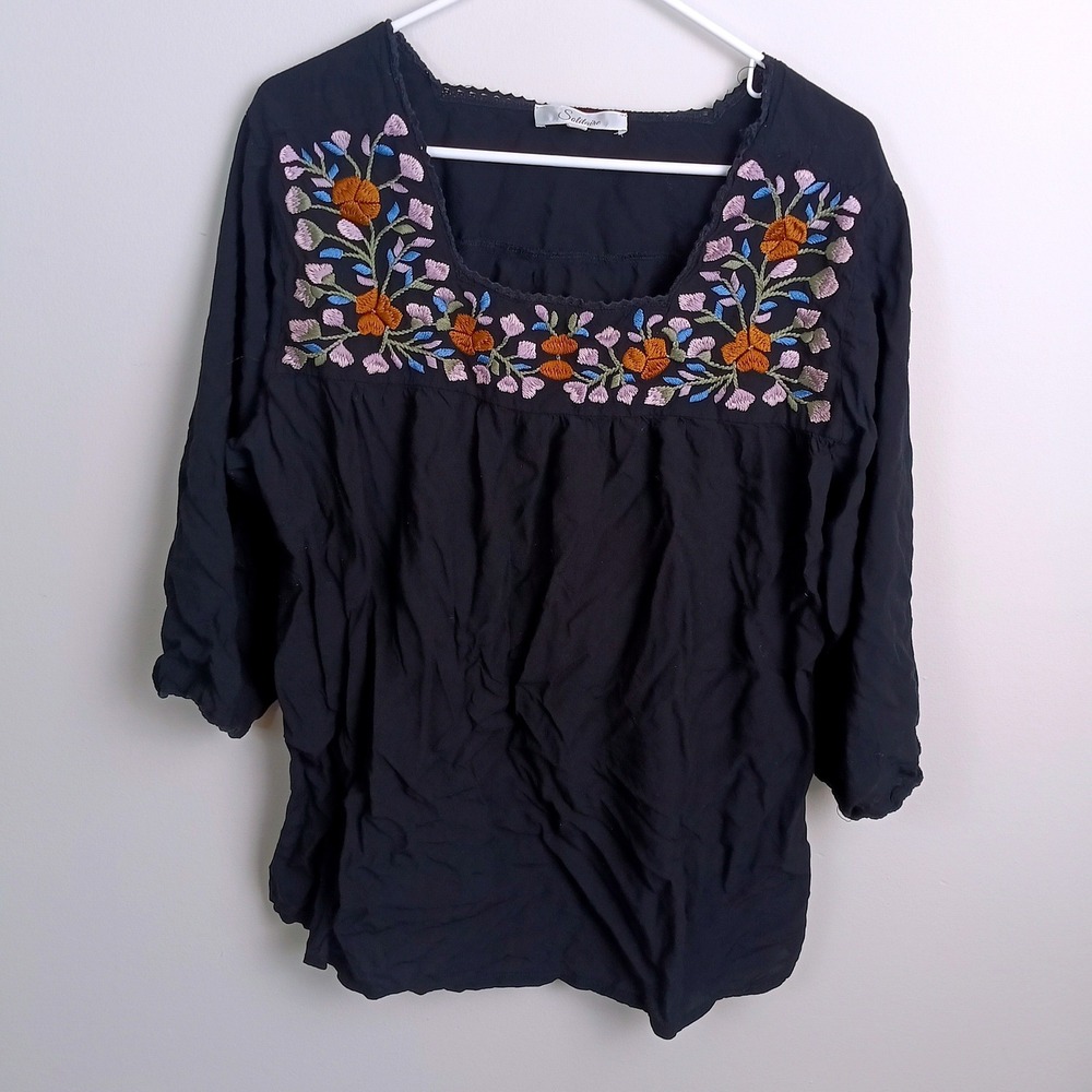 Solitaire Blouse Womens 2X Black Excellent Embroidered Floral Boho Peasant Top